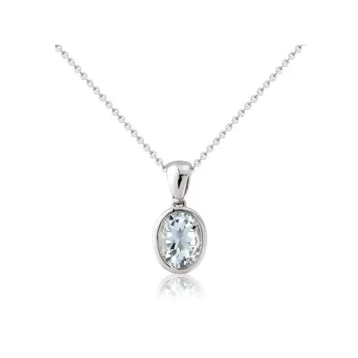 9ct White Gold Oval Aquamarine Pendant Necklace
