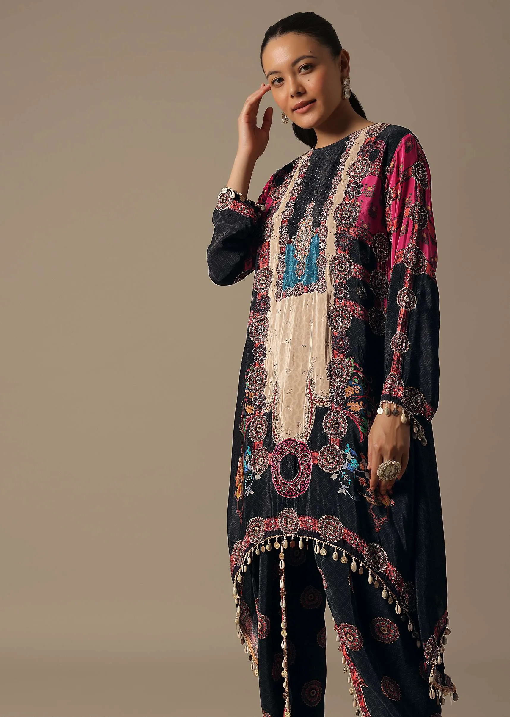 Black Floral Printed Dhoti Set With Potli Bag