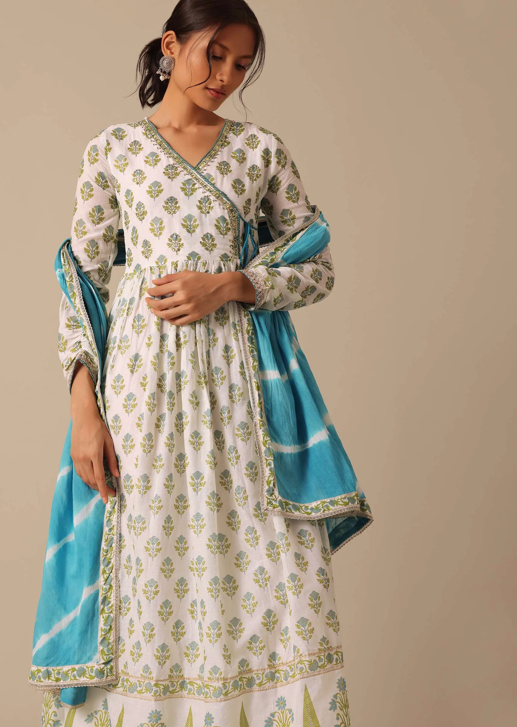 Blue Floral Print Angrakha Suit with Leheriya Dupatta