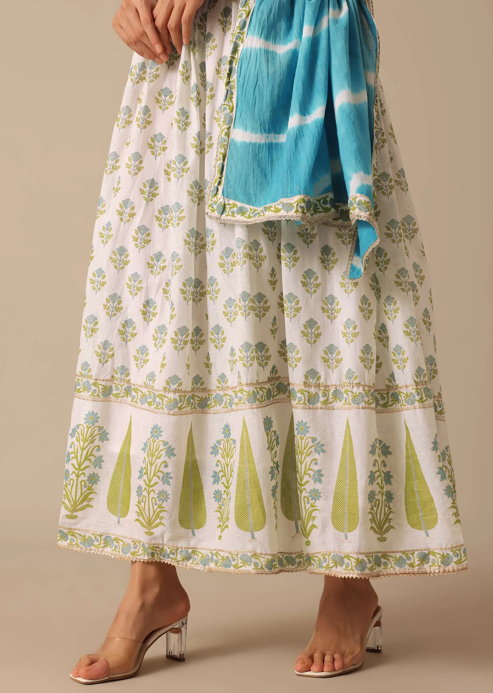 Blue Floral Print Angrakha Suit with Leheriya Dupatta