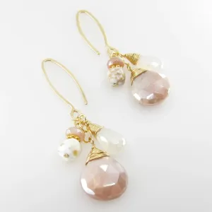 Champagne Moonstone, Pearl Chalcedony and White Turquoise Earrings