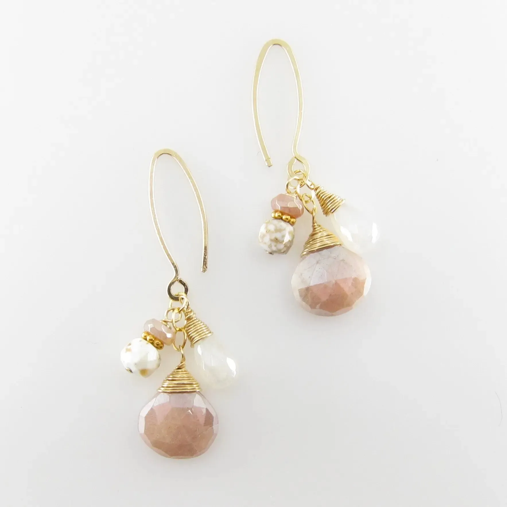 Champagne Moonstone, Pearl Chalcedony and White Turquoise Earrings