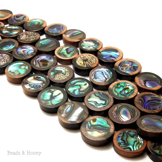 Ebony Wood with Abalone Shell Coin Flat 15mm (12pcs)