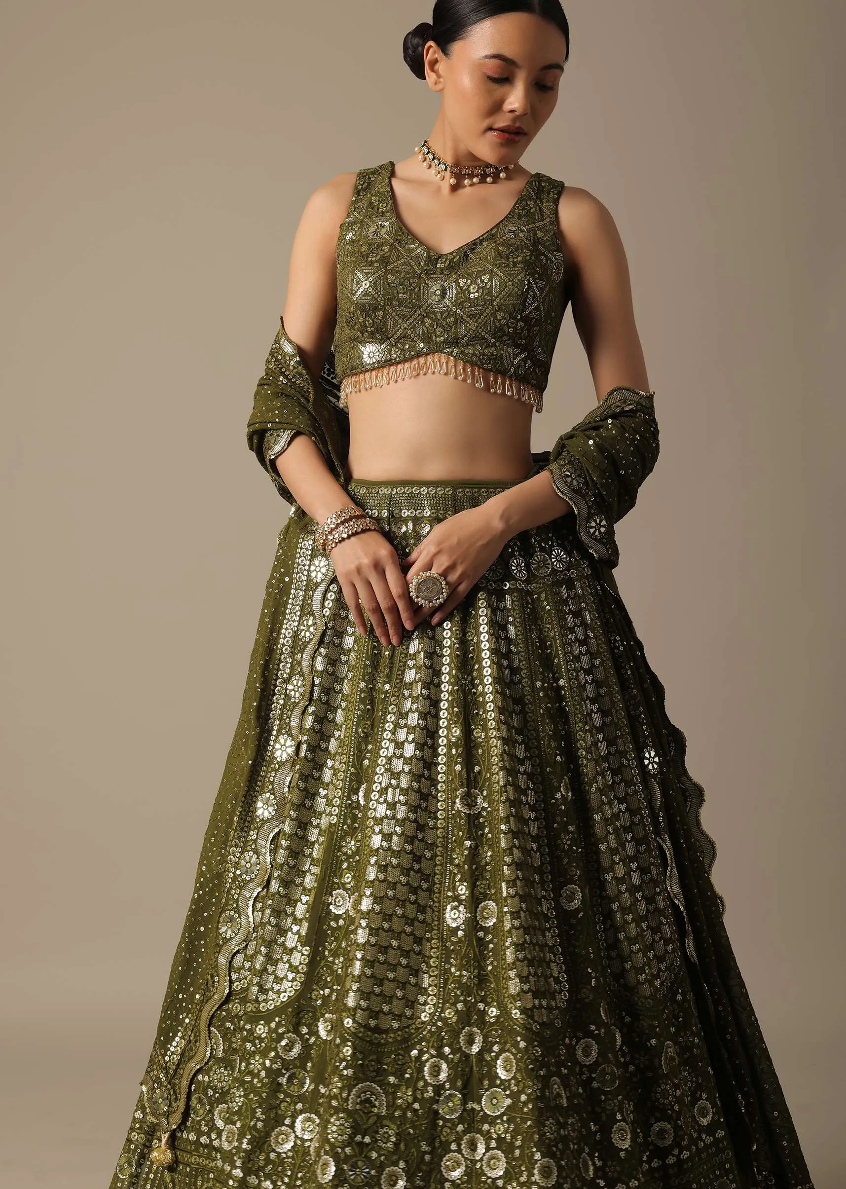 Green Georgette Lehenga Set With Foil Mirror Embroidery