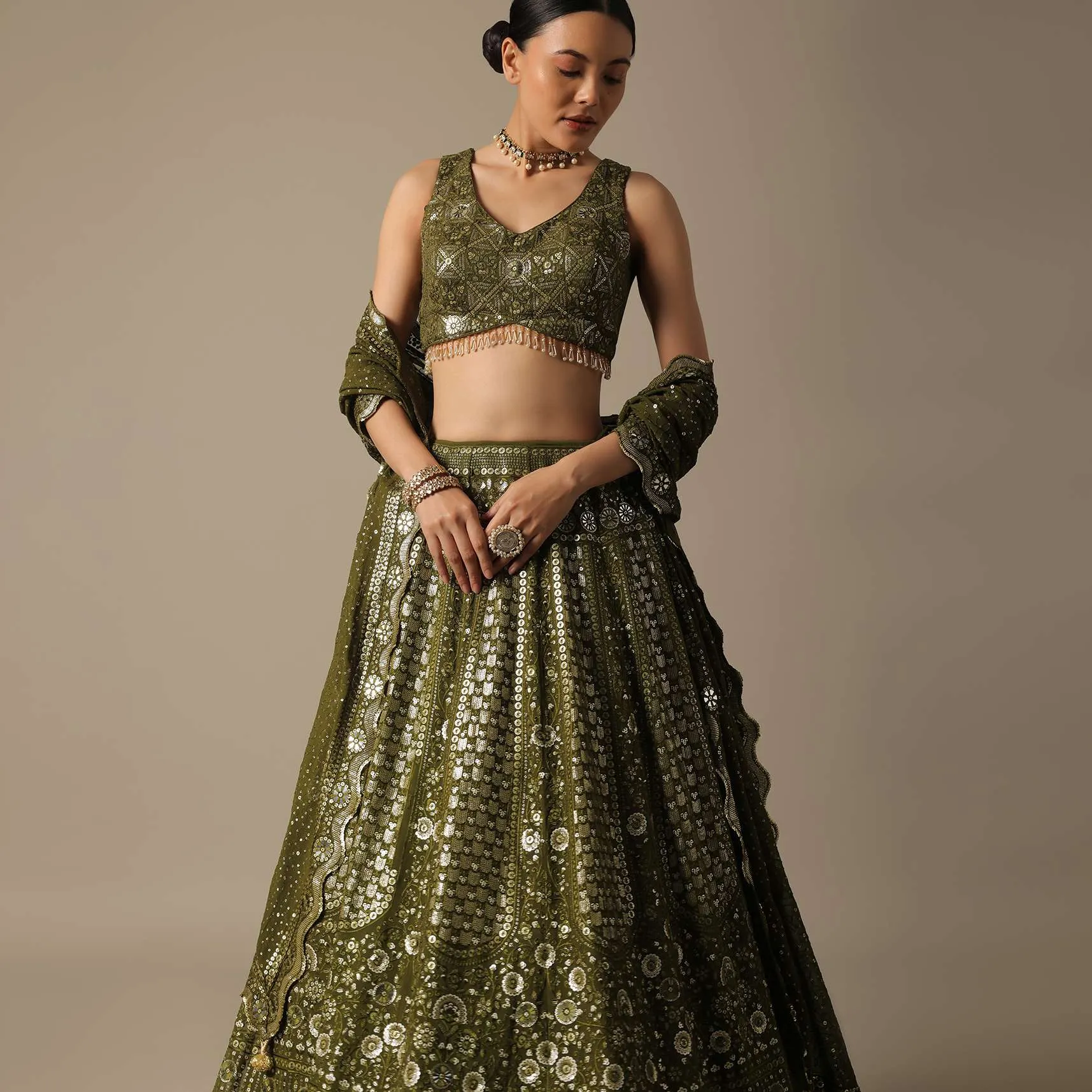 Green Georgette Lehenga Set With Foil Mirror Embroidery