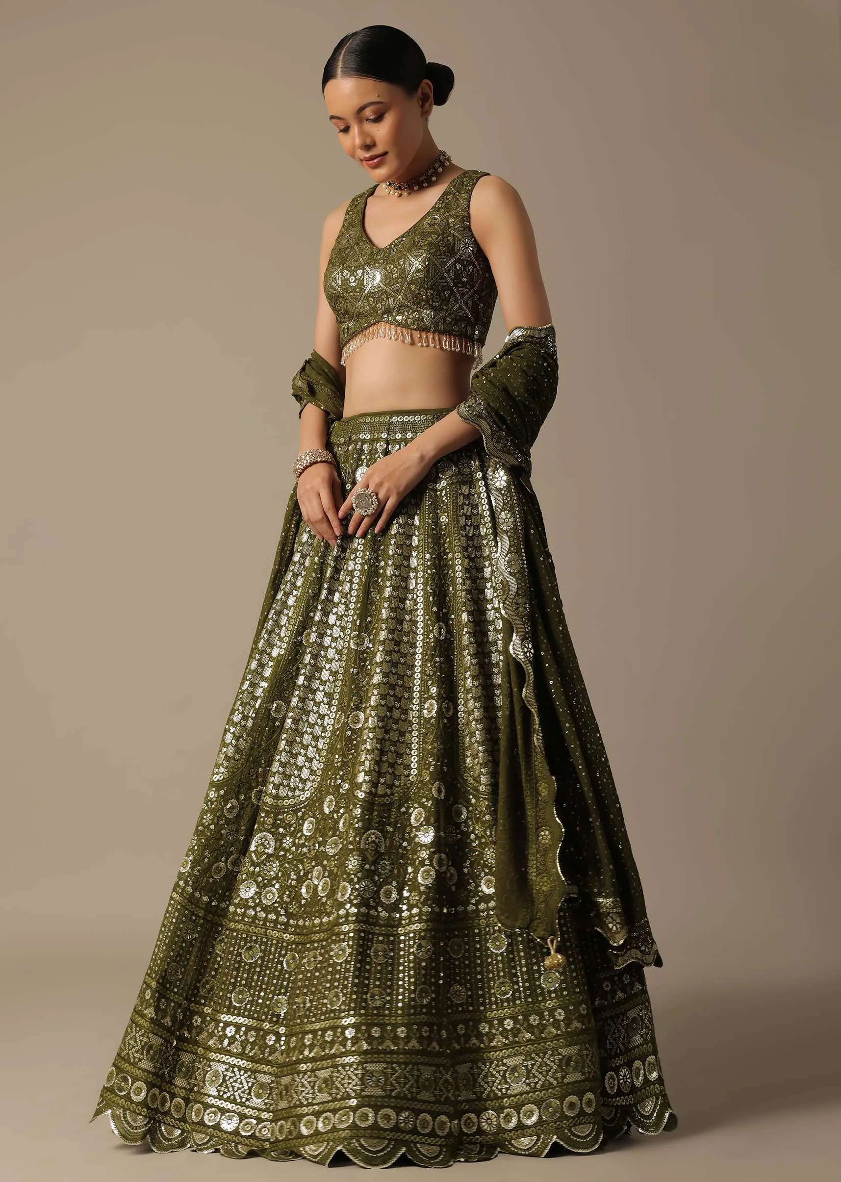 Green Georgette Lehenga Set With Foil Mirror Embroidery