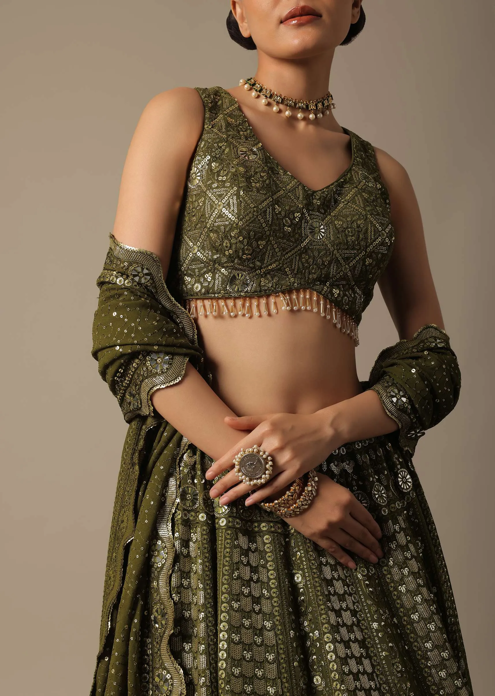 Green Georgette Lehenga Set With Foil Mirror Embroidery
