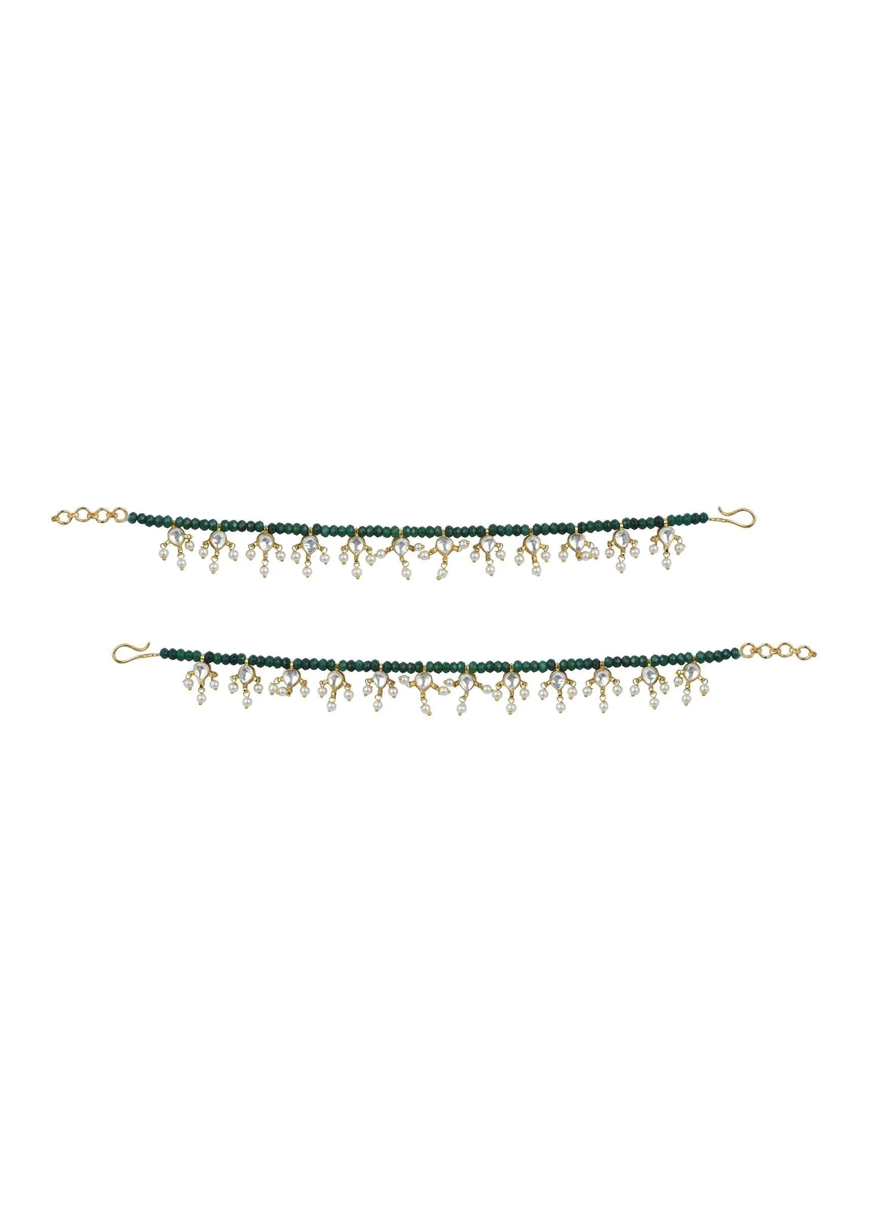 Green Kundan Payal With Cluster Beads - Set of 2
