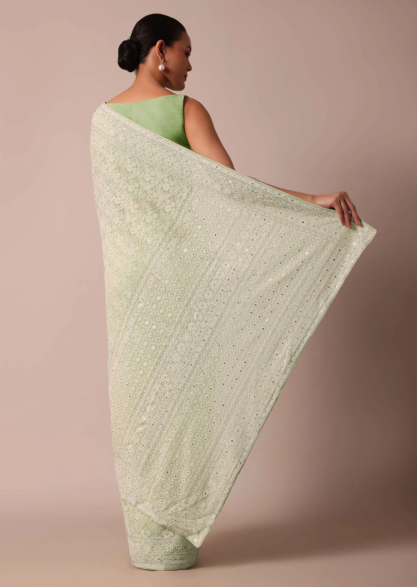 Green Lucknowi Chikankari Sequin Saree In Georgette With Unstitched Blouse Piece