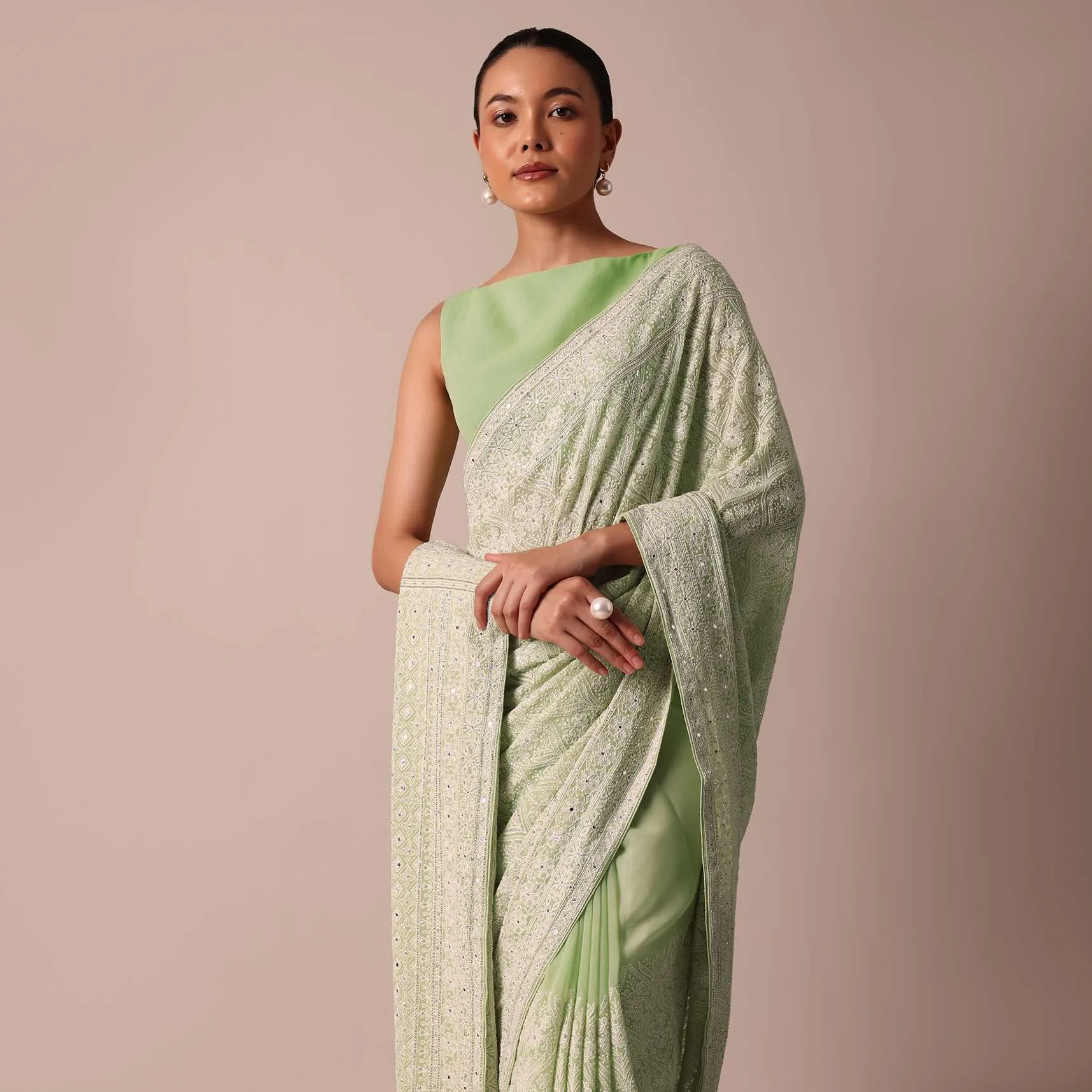 Green Lucknowi Chikankari Sequin Saree In Georgette With Unstitched Blouse Piece