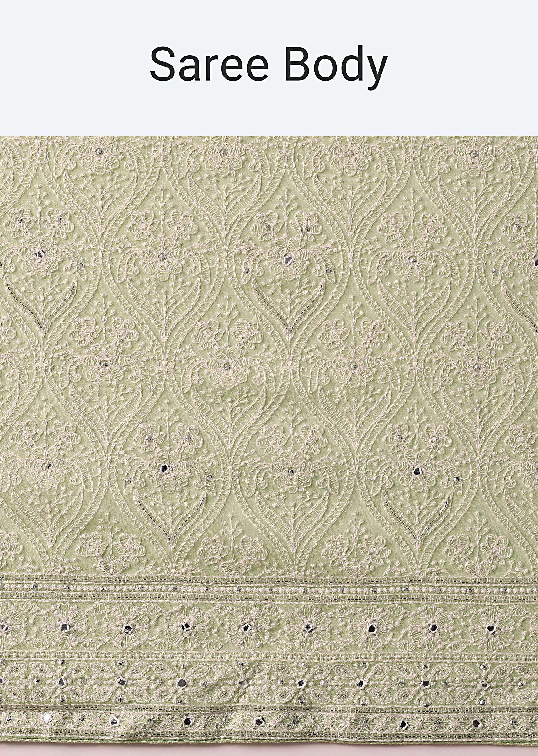 Green Lucknowi Chikankari Sequin Saree In Georgette With Unstitched Blouse Piece
