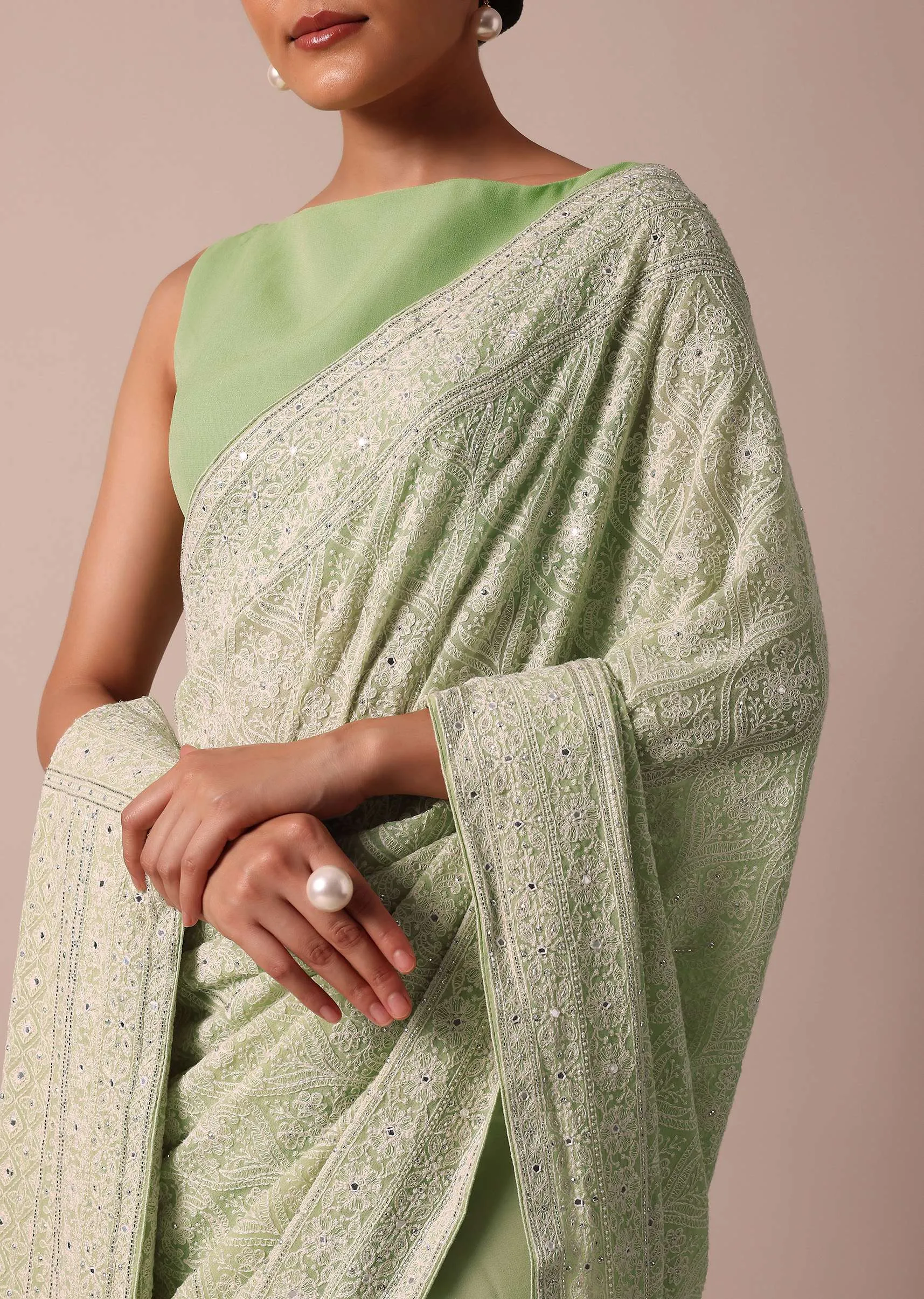Green Lucknowi Chikankari Sequin Saree In Georgette With Unstitched Blouse Piece
