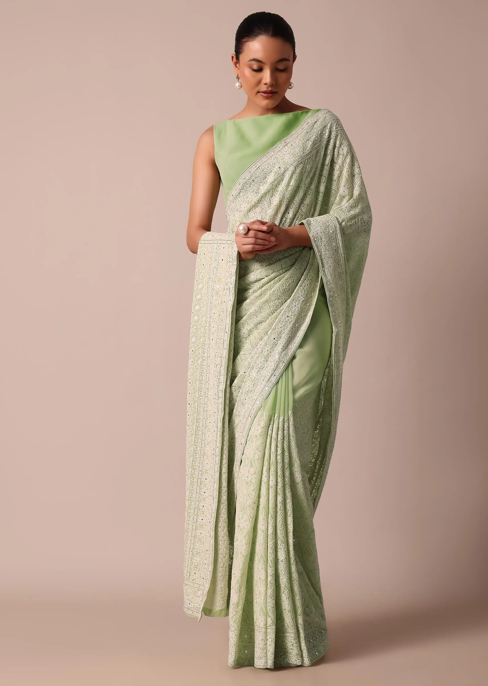 Green Lucknowi Chikankari Sequin Saree In Georgette With Unstitched Blouse Piece