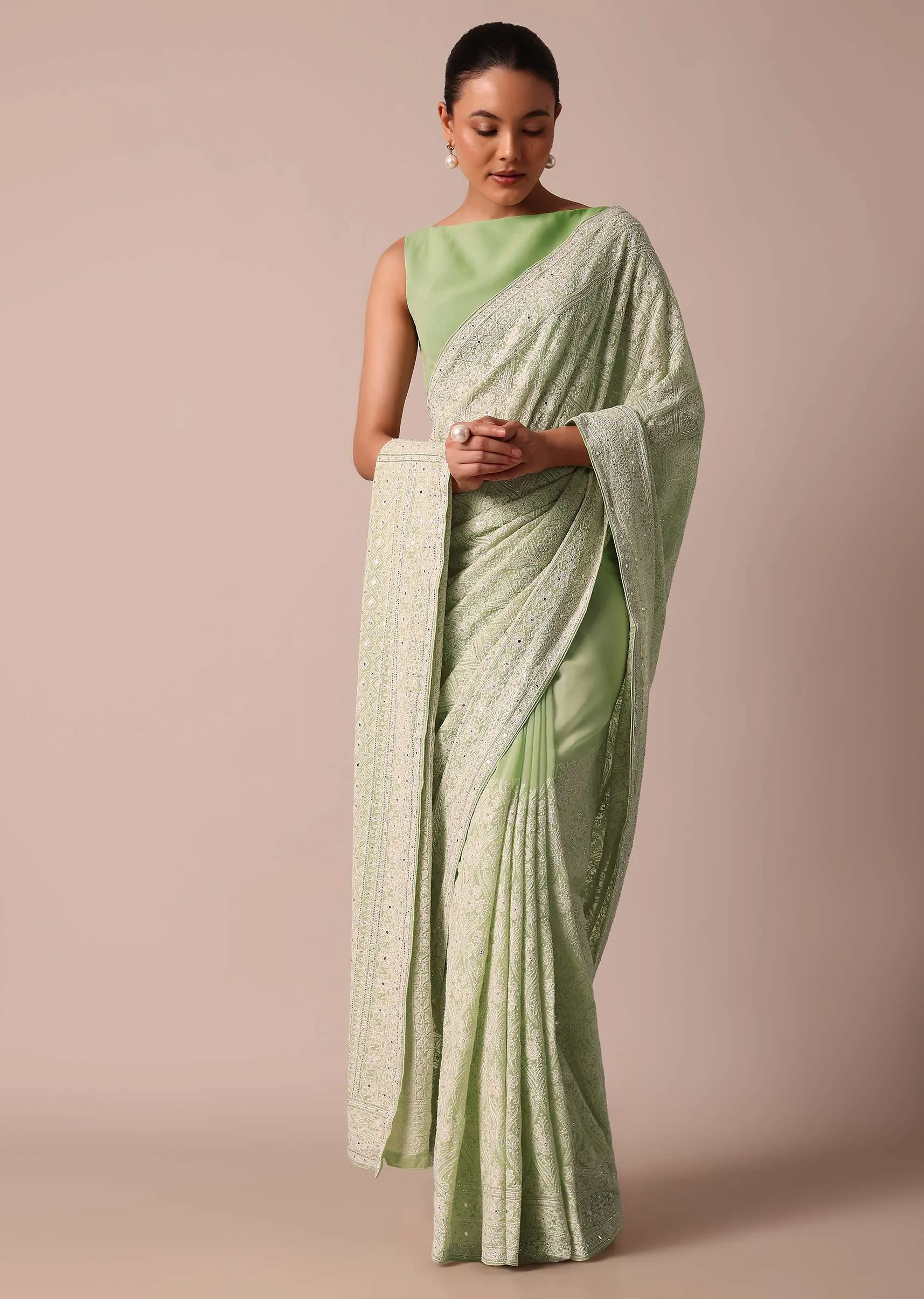 Green Lucknowi Chikankari Sequin Saree In Georgette With Unstitched Blouse Piece