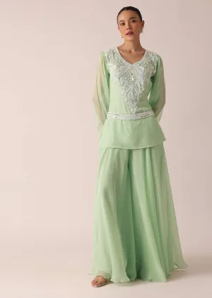 Green Organza Kurta And Palazzo Set With Embroidery And Belt