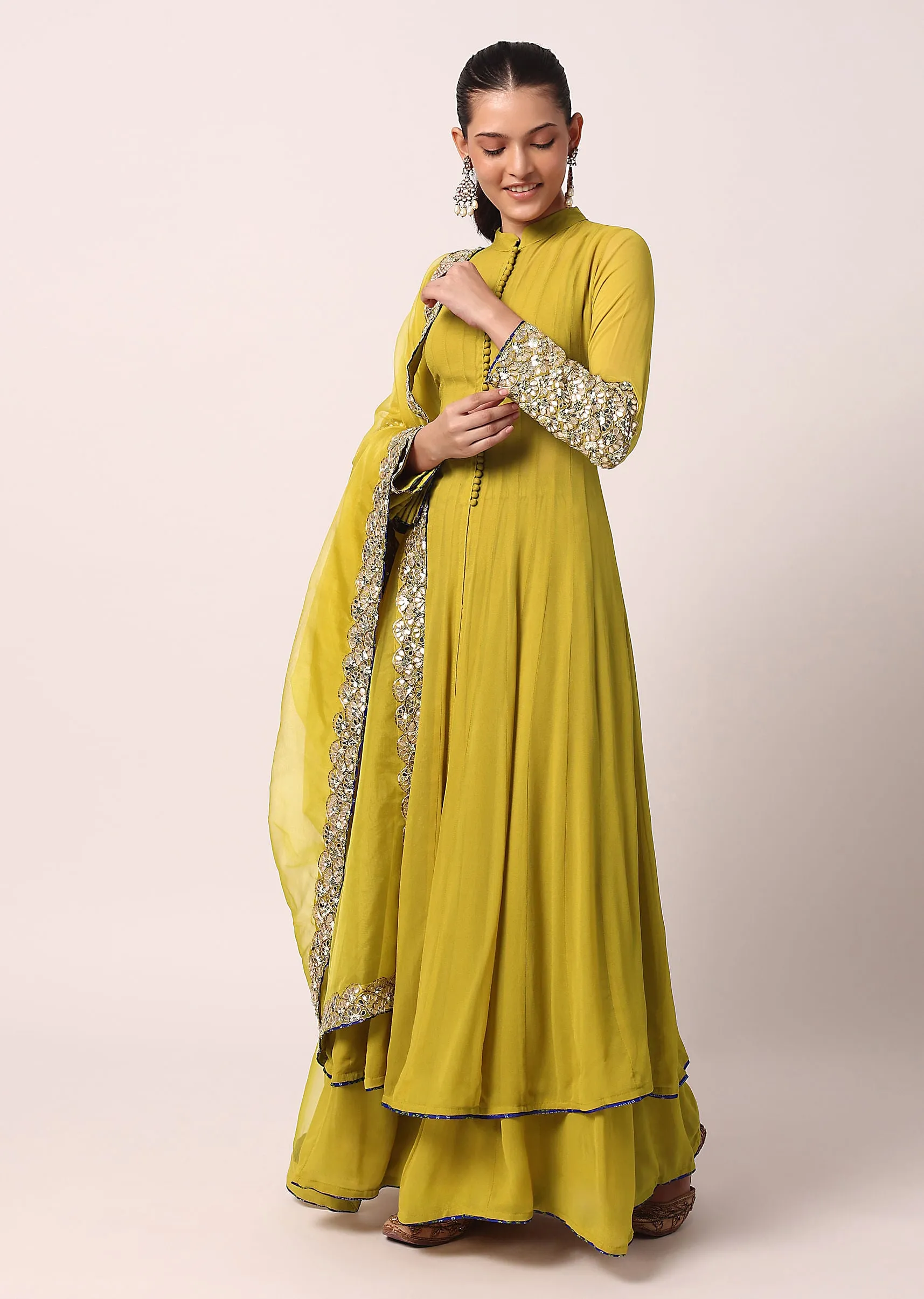 Green Palazzo Set With Embroidered Anarkali