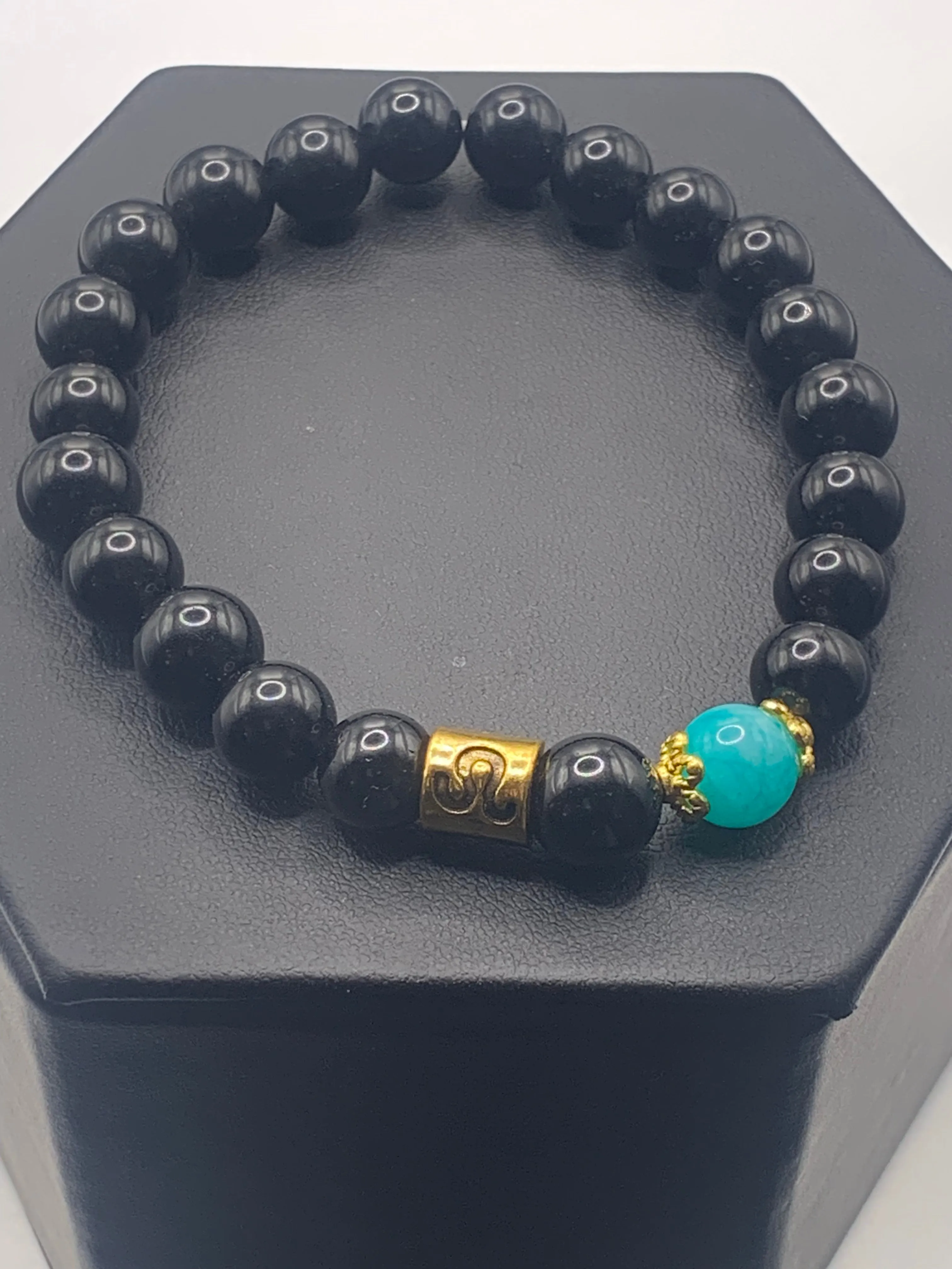 Leo Zodiac black obsidian with aquamarine chalcedony elastic beaded bracelet with gold accents