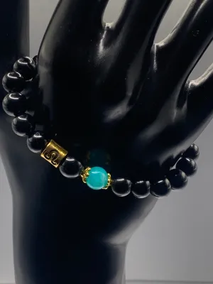 Leo Zodiac black obsidian with aquamarine chalcedony elastic beaded bracelet with gold accents