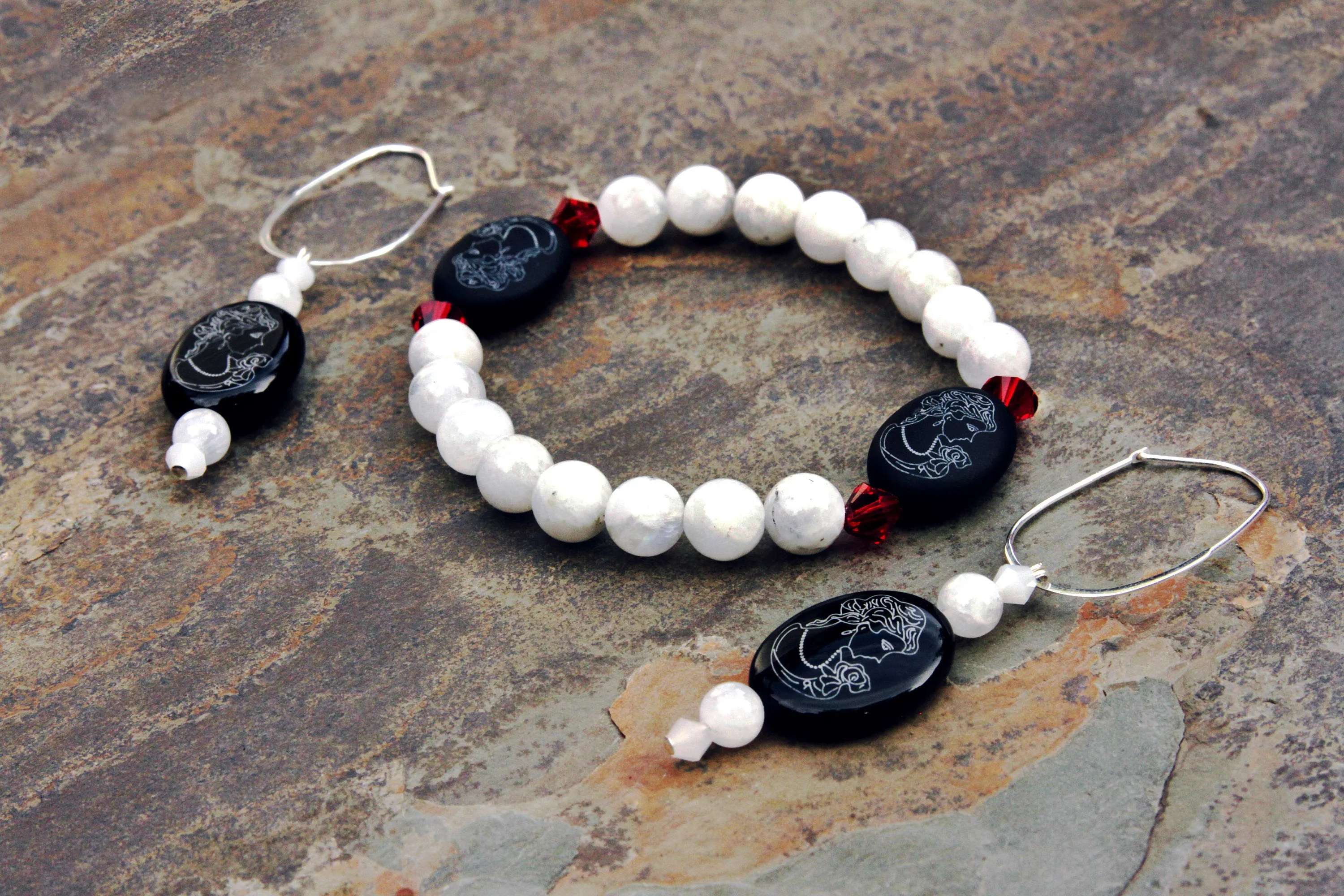Moonstone and Onyx gemstone Cameo Earrings