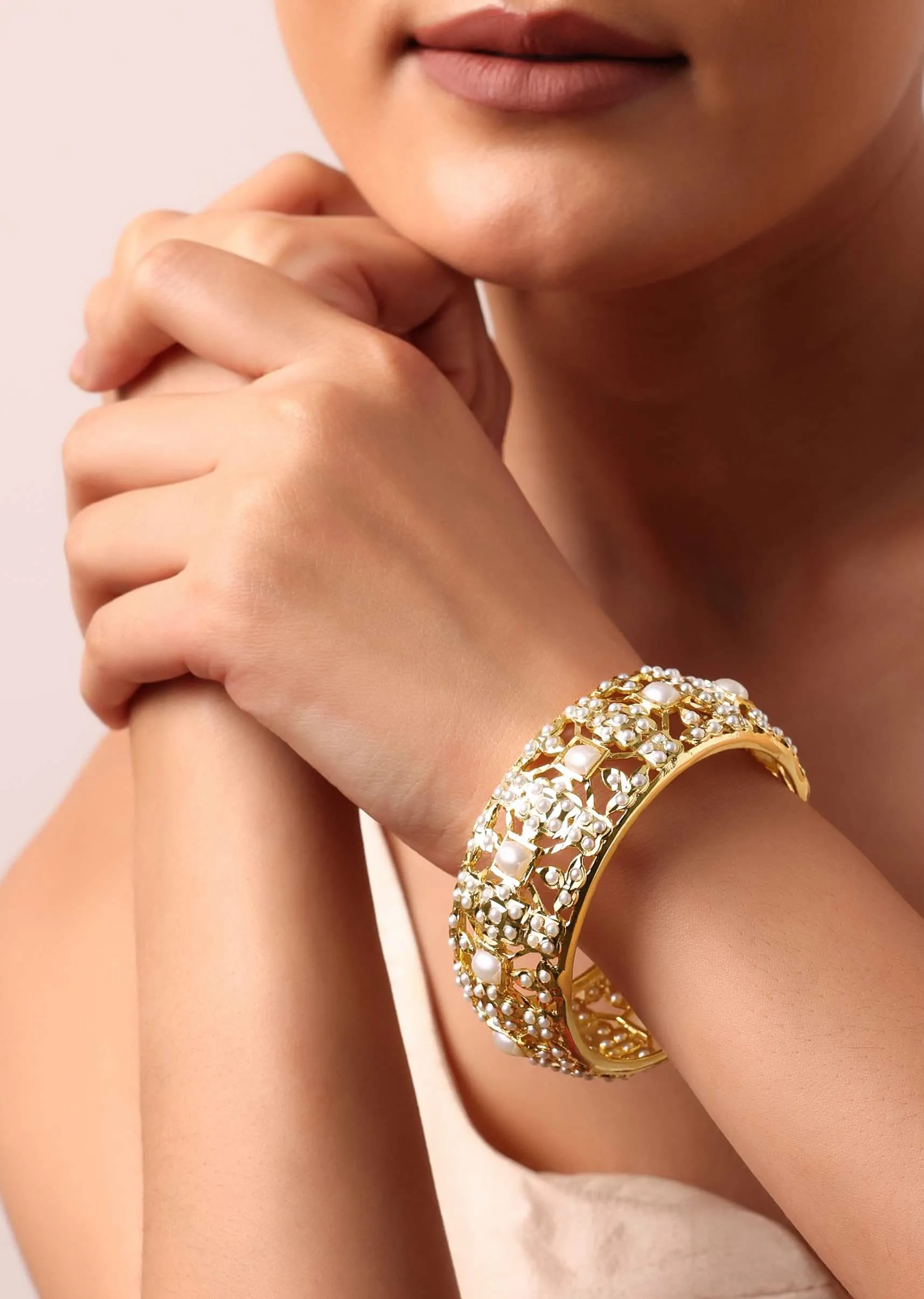Multi Tone Cutwork Bangle With Kundan And Beads