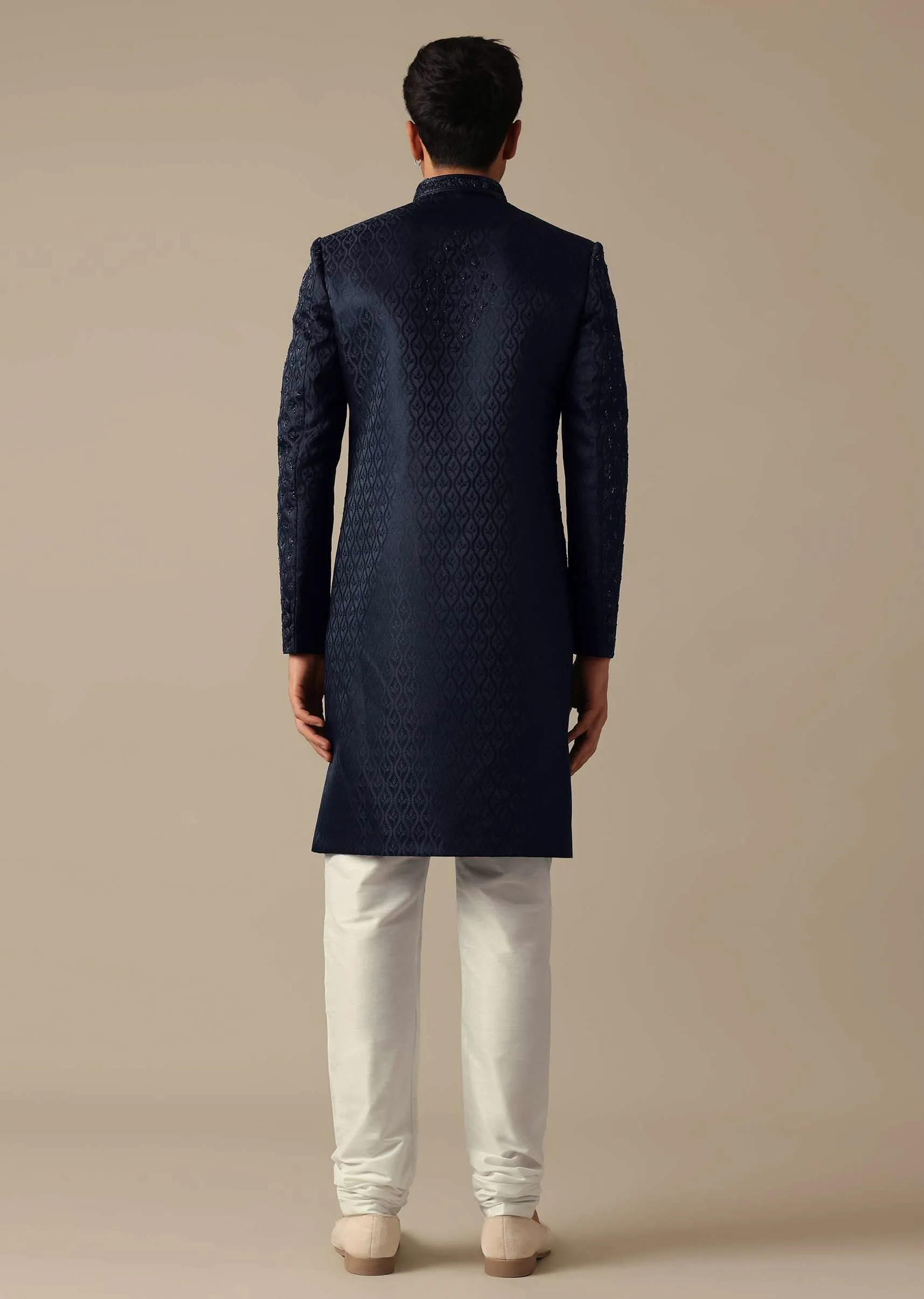 Navy Blue Jacquard Sherwani Set With Cutdana Embroidery