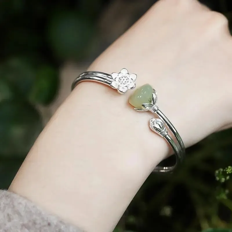New new inlaid natural Hetian Chalcedony plum blossom lotus  Bracelet