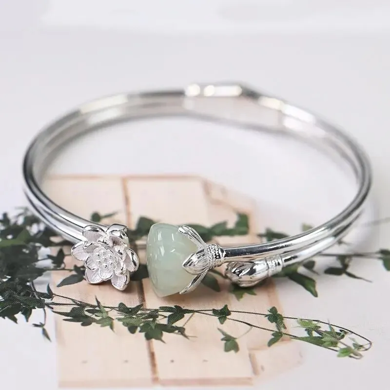 New new inlaid natural Hetian Chalcedony plum blossom lotus  Bracelet