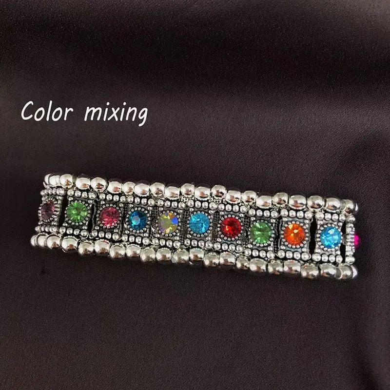 New Summer Bohemian Fashion Women Elastic Inlaid Color Rhinestone Alloy Bracelet