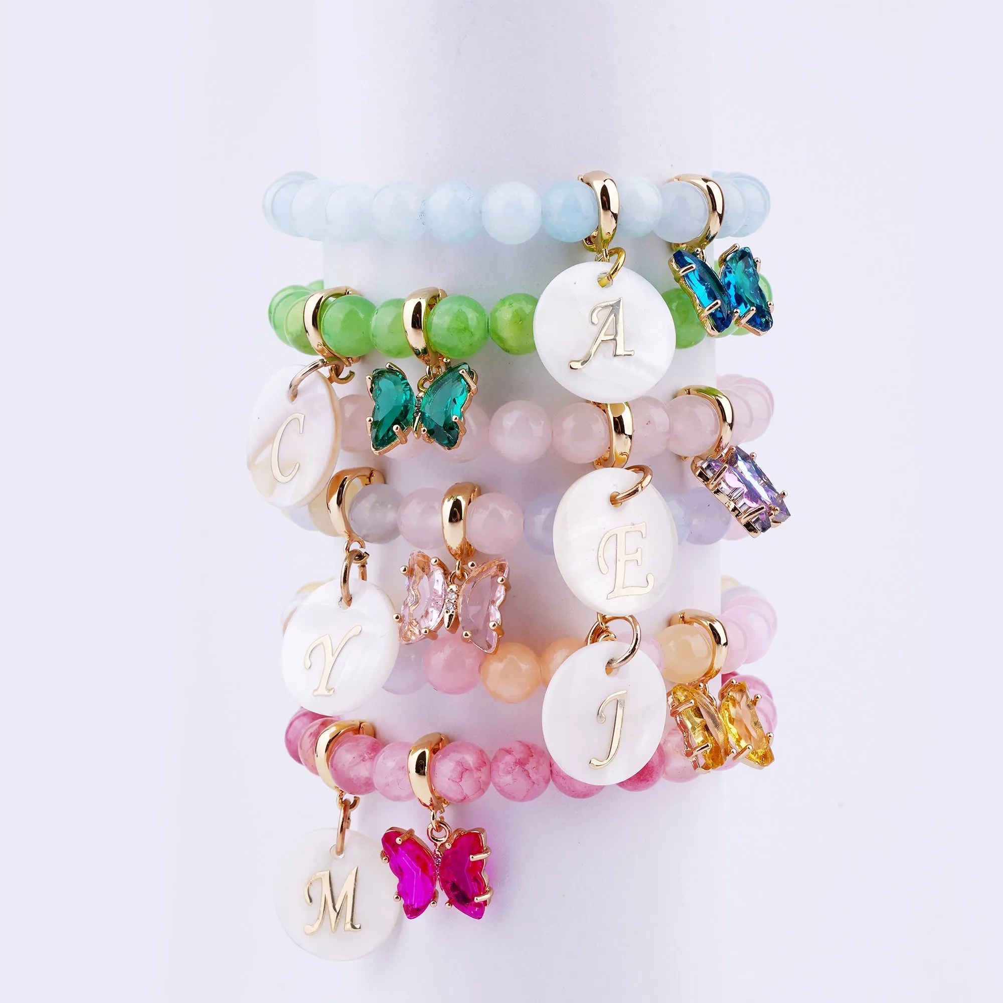 Pink Rose Girls Initial and Birthstone Gemstone Bracelet