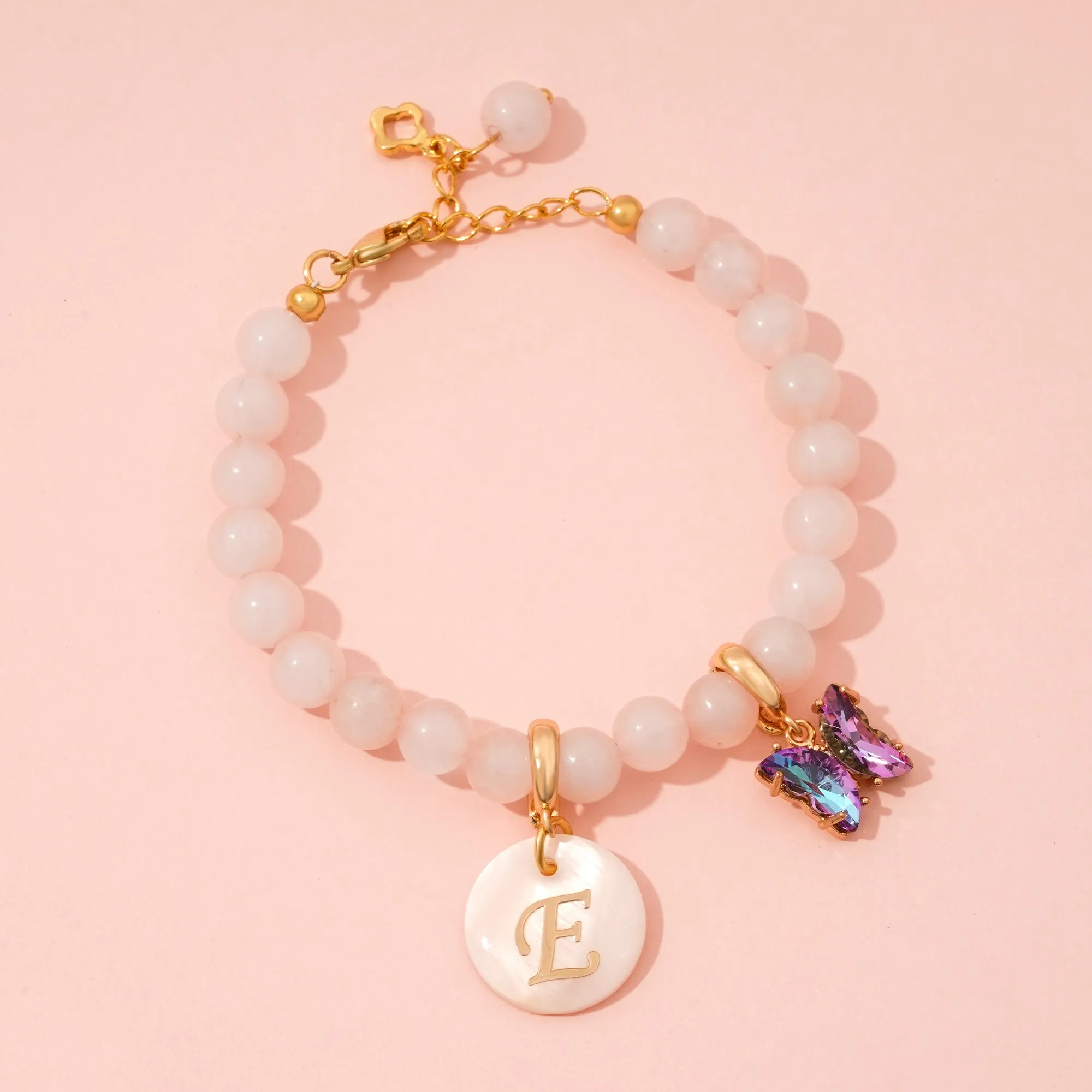 Pink Rose Girls Initial and Birthstone Gemstone Bracelet