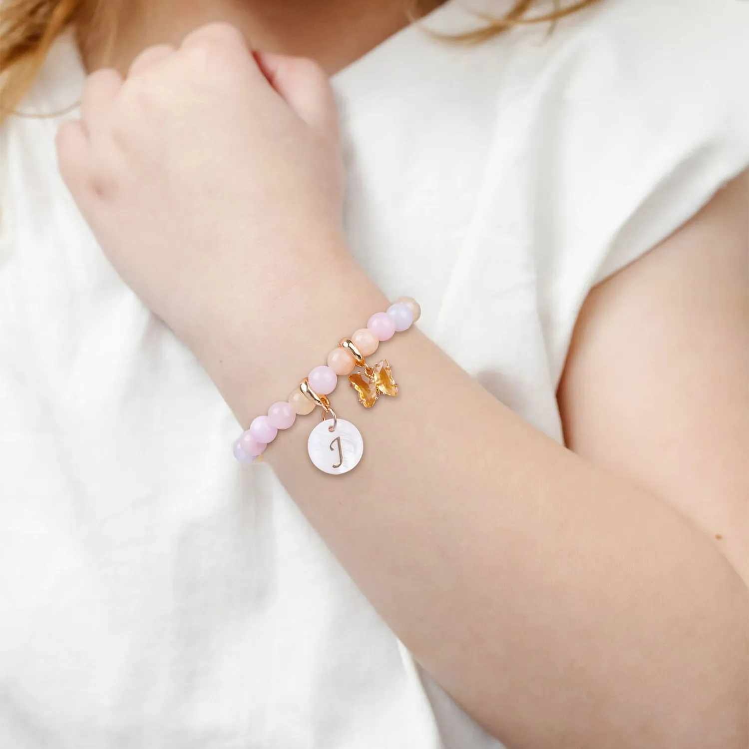 Pink Rose Girls Initial and Birthstone Gemstone Bracelet