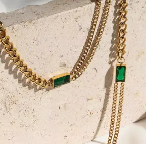 Square Green Zircon Jewelry Set Gold Choker Necklace Chain Bracelet X4438007