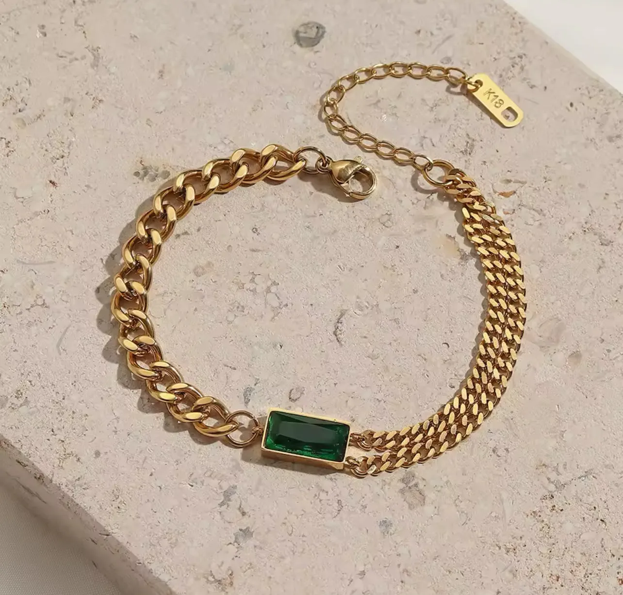 Square Green Zircon Jewelry Set Gold Choker Necklace Chain Bracelet X4438007