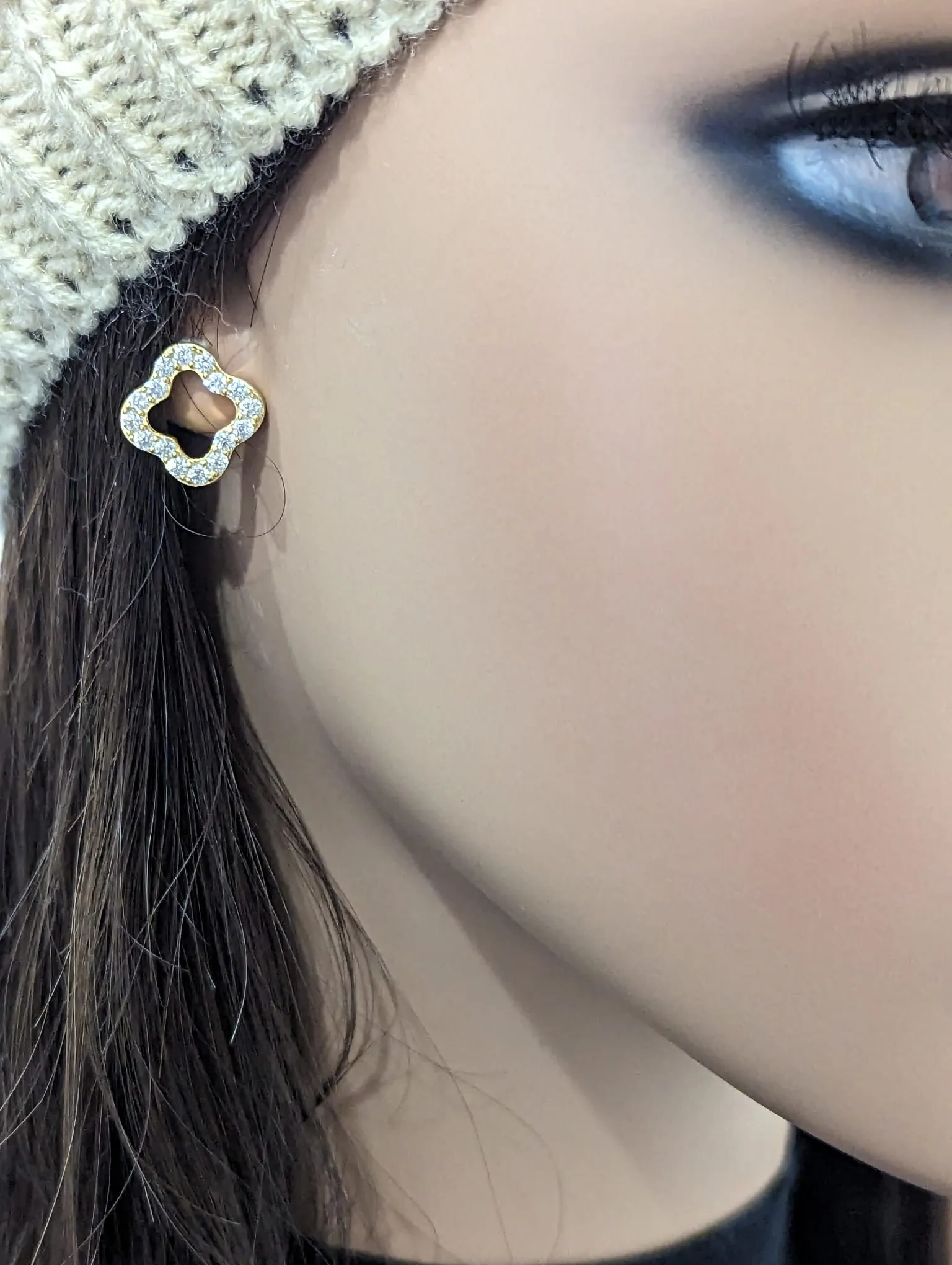 Sterling Silver CZ Outline Clover Shape Stud Earring