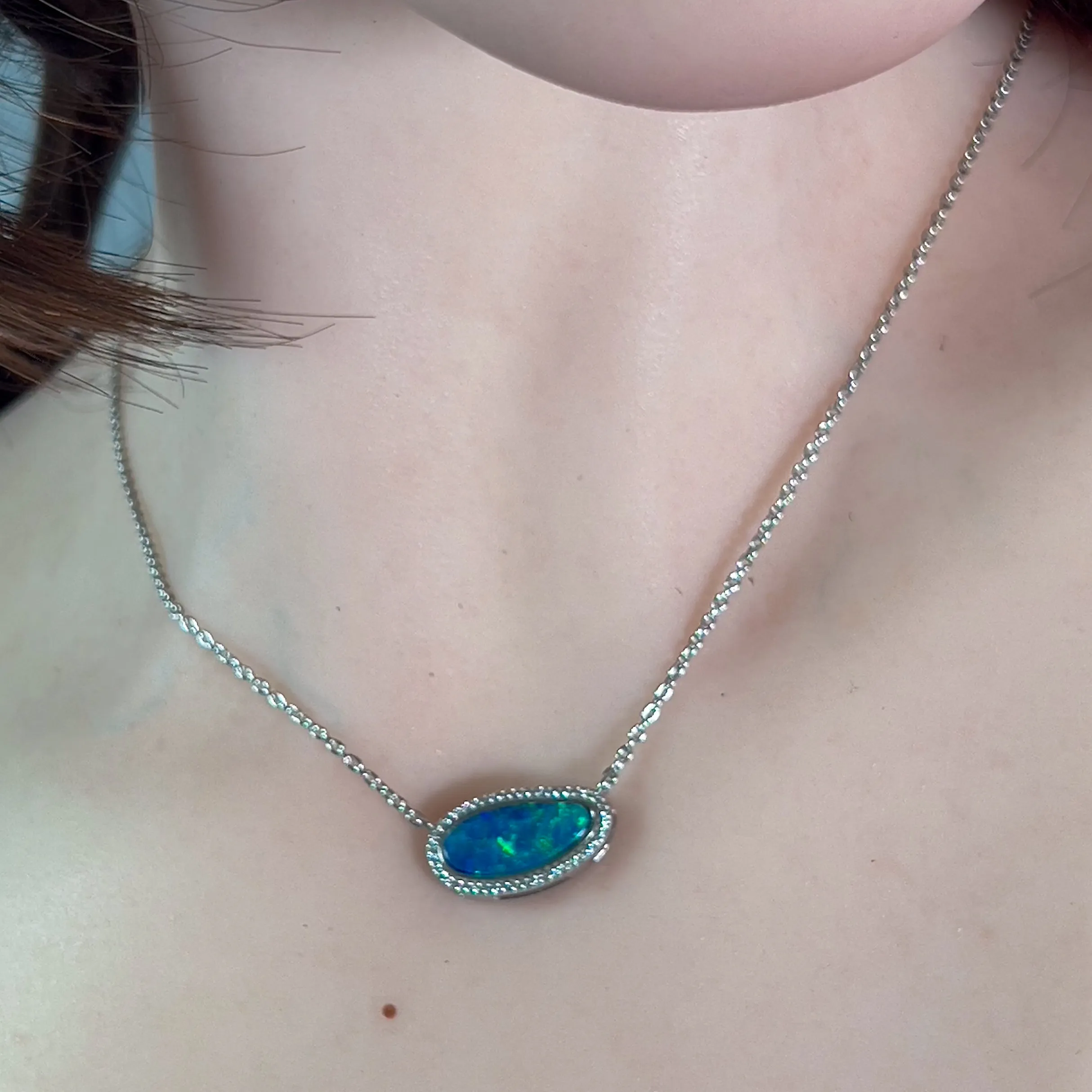 Sterling Silver Halo style Opal doublet necklace Blue Green