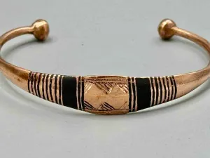 Tuareg Double Bar Multiple Stripe Inlay Etched Center Flat Copper Bracelet