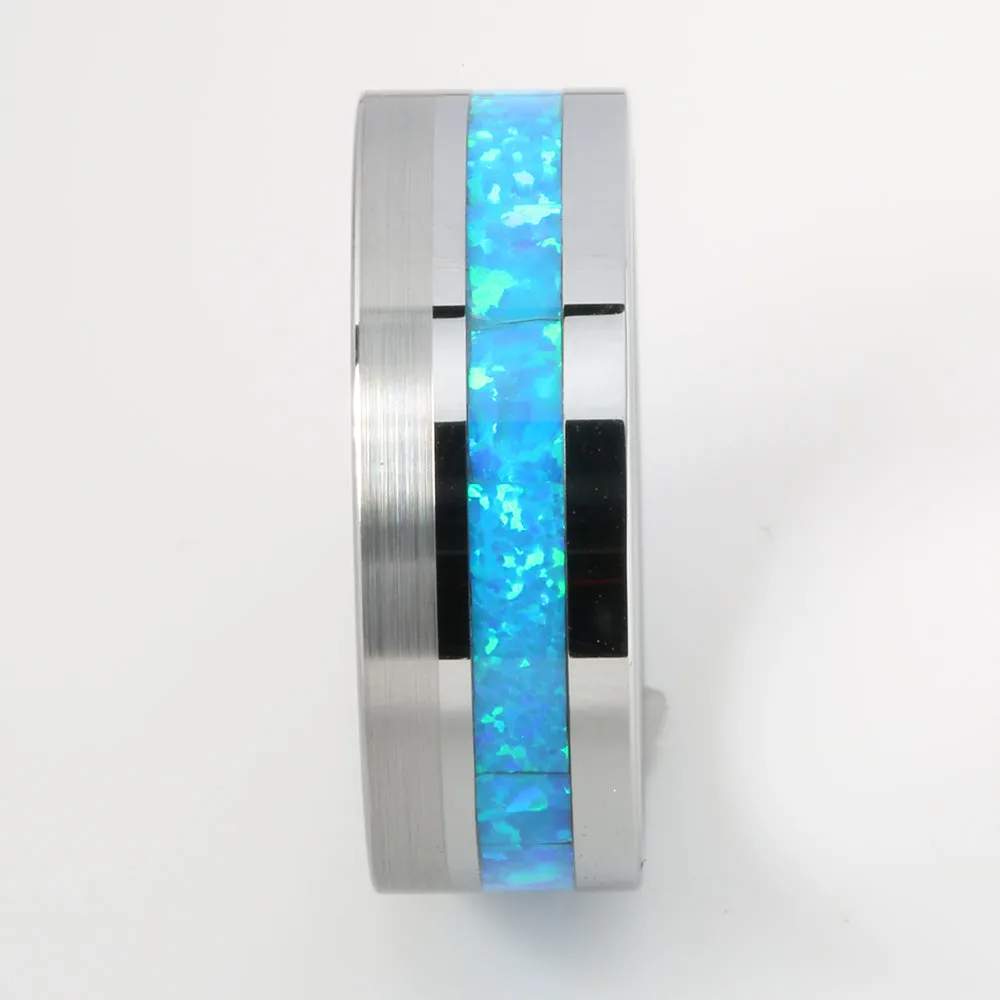 Tungsten Opal Inlaid Flat Brushed Wedding Ring 8mm