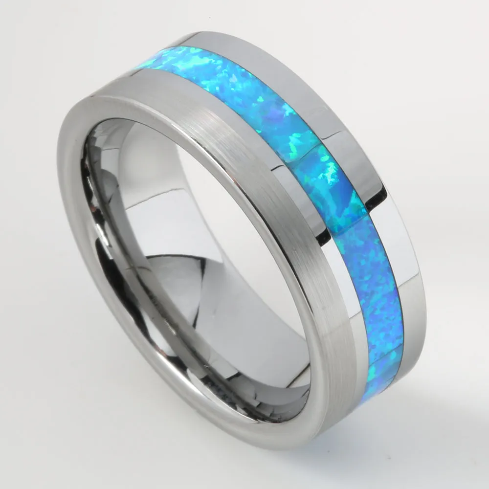 Tungsten Opal Inlaid Flat Brushed Wedding Ring 8mm