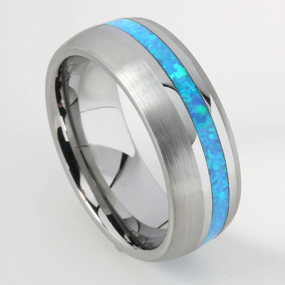 Tungsten Opal Inlaid Oval Brushed Wedding Ring 8mm