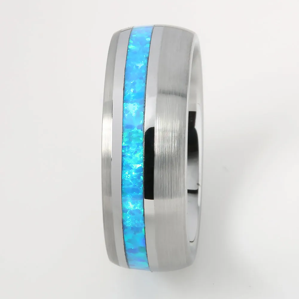 Tungsten Opal Inlaid Oval Brushed Wedding Ring 8mm